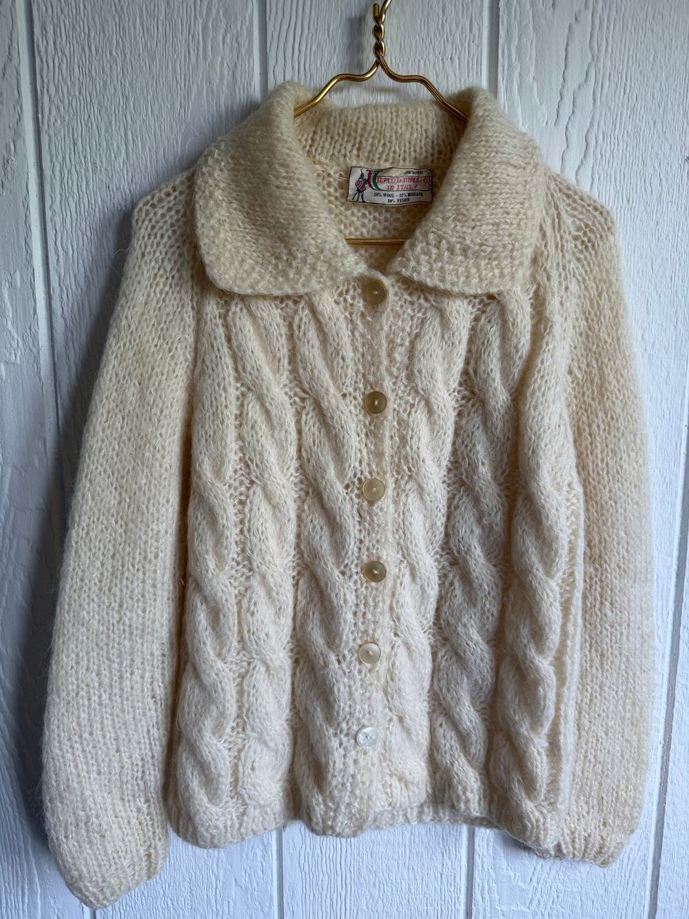 Vintage 70s Hand Made in Italy Wool Mohair Cable Knit Cardigan Sweater Ivory